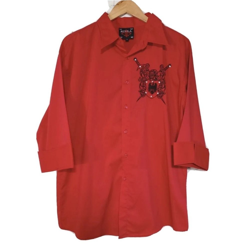 MZ Usa Graphic Swords Button Front 3/4 Sleeve Shirt Red Size XL